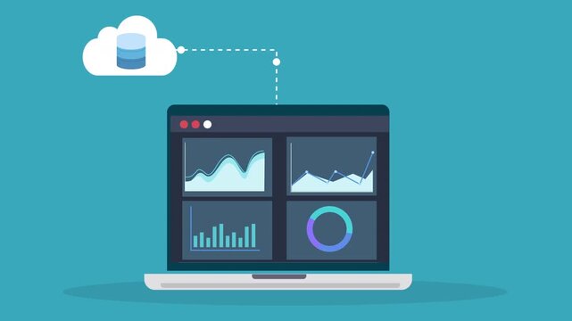 Laptop displaying analytics dashboard connected to secure cloud backup storage, representing data protection, online storage systems, and digital technology workflow.
