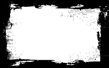 Vector grunge frame. Scratchy eroded edge vintage border. Rough distressed texture, cracks, dirt. Black brush stroke marks. Old grungy punk poster element. Abstract photo frame background illustration