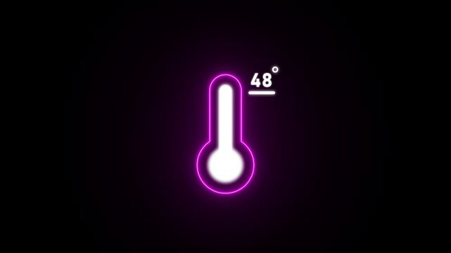 Neon thermometer with purple outline shows 48 degrees Celsius on dark temperature glowing
