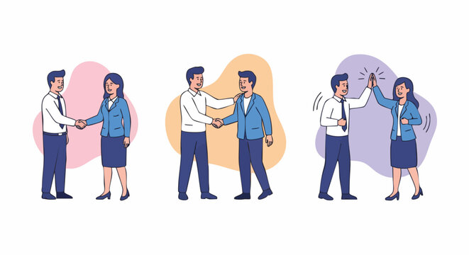 Modern business people shaking hands and giving high fives in a graphic illustration.