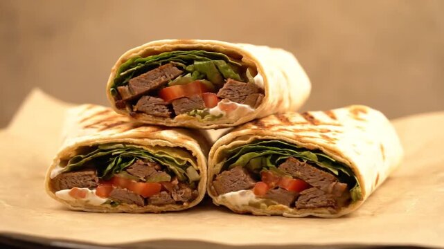 Appetizing grilled beef burritos rotating in a studio setting with warm lighting.