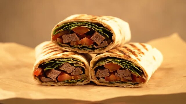 Grilled steak burritos with fresh ingredients rotating on rustic parchment paper.