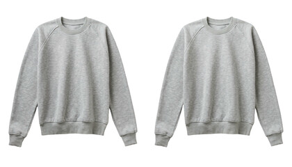 Fototapeta premium Two identical gray crewneck sweatshirts, frontal view, isolated