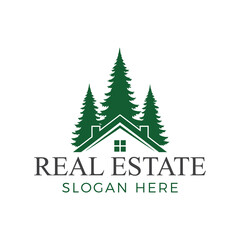 Modern real estate logo with house and pine trees for property branding