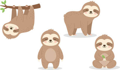 Naklejka premium Cute Sloth Cartoon Collection Flat Vector Illustration Set Isolated on White Background