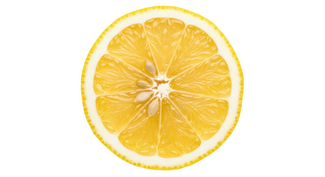 Bright yellow lemon slice PNG isolated on transparent background, citrus fruit cut open with seeds for healthy eating and summer themes