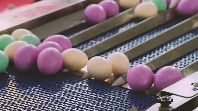 conveyor belt at a poultry factory sorts and transports chicken eggs along a conveyor belt, industrial concept background
