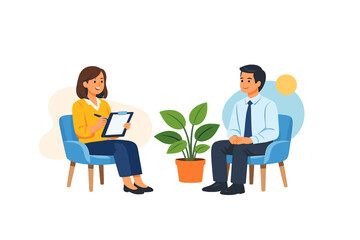 Therapist talks with a client in an office setting during a session focused on mental health support and personal development