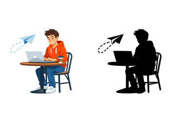 Young person working on a laptop at a table with a paper airplane flying in a bright setting, contrasting with a shadow of a person at another table