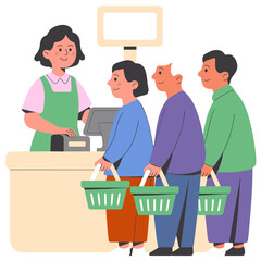 Smiling Cashier Assists Customers in a Supermarket Checkout Line