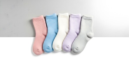A collection of colorful socks arranged on a white surface