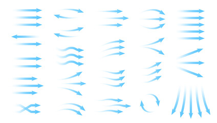 Obraz premium Air flow arrows. Blue cold wind stream, fresh water direction, filter and conditioner system infographic transparent movement and rotation elements. Vector arrow icons set