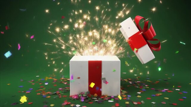 Sparkling gift box with red ribbon bursting with confetti and light effects, celebrating a surprise moment, perfect for festive occasions