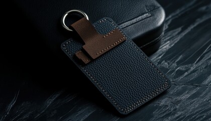 Dark navy leather key fob with brown accent.