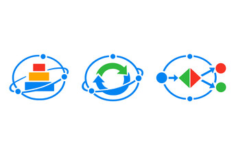 Set of three icons showing different symbols representing concepts of building, recycling, and connection in a simple and clear design