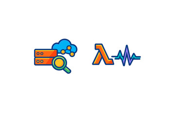 Graphic design showing cloud computing and server icon with search magnifying glass and wave form, representing technology concepts related to data management and analytics
