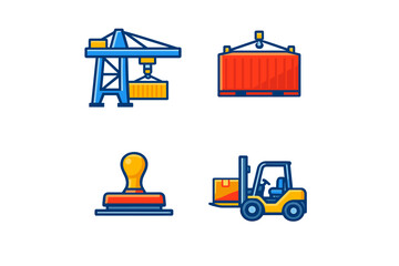 Construction equipment and shipping tools are shown in a clear design with a crane, shipping container, stamp, and forklift displayed in four sections