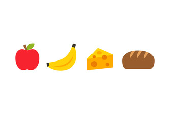 Different types of food are shown in a simple display consisting of an apple, banana, cheese, and bread made with basic shapes and colors