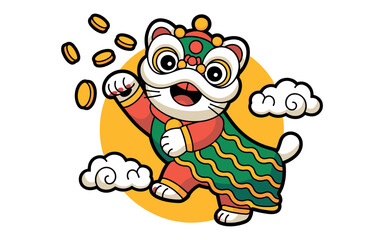 Obraz premium Adorable cartoon cat mascot performs an energetic traditional Lion Dance, happily tossing lucky gold coins against a bright yellow setting, symbolizing Lunar New Year prosperity and good fortune.