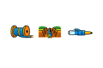 Three simple icons representing electrical work including a spool of wire, a trench for underground work, and a pen for marking locations in a utility setup