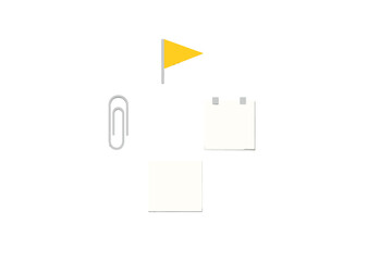 Small objects on a white background include a yellow flag, a paperclip, and two blank squares during a creative work session