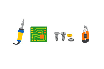 Tools and parts for electronics assembly displayed on a white background with a focus on soldering, circuit board, screws, and a screwdriver