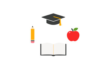 Items related to school and learning activities with a cap, apple, pencil, and open book in a simple arrangement