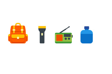 Travel gear for outdoor adventures including backpack, flashlight, radio, and water bottle arranged in a horizontal line ready for use in nature