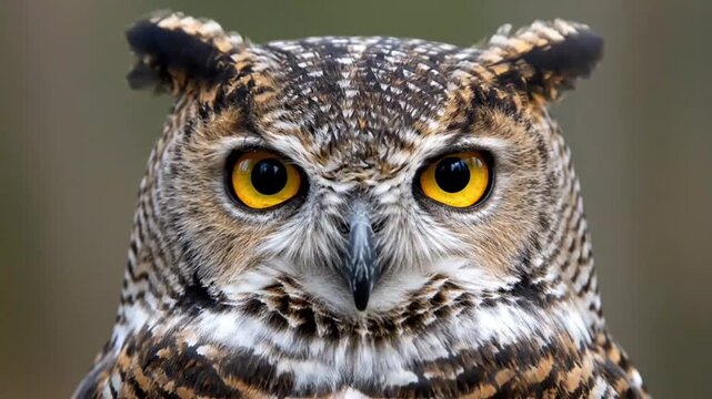 A wild great grey and great horned owl in flight showcase yellow eyes and brown feathers as the predatory raptor hunts for prey in a nature portrait of this majestic bird