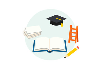 Items for education and study tools on a table with a graduation cap, open book, notecards, pencil, and a ladder