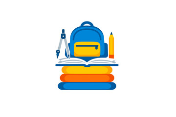 Backpack with school supplies shows a compass, a pencil, and stacked books in a school setting during day time