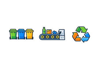 This picture shows bins for recycling, a conveyor belt with bottles and containers, and a recycle symbol