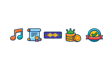 Icons representing different categories of music and audio activities including awards, recordings, and monetization in a simple layout