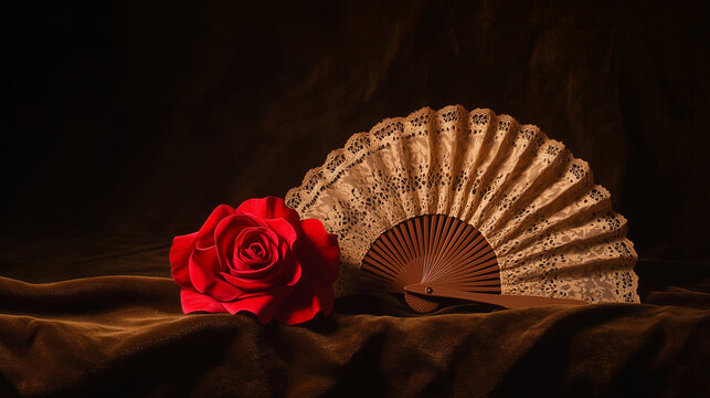 Red flamenco rose hairpiece beside a lace hand fan on dark fabric, dramatic still life symbolizing Spanish tradition, elegance and passion.