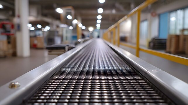A metallic industrial conveyor belt stretches into the distance within a blurred factory environment