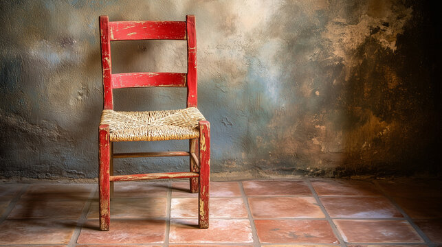 Rustic Andalusian wooden chair with woven seat on terracotta tiles against textured wall, traditional Mediterranean interior concept with warm light and copy space.