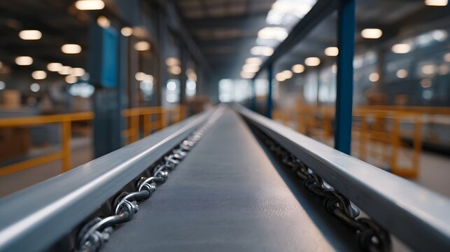 Close up of a metal chain conveyor belt moving through a blurry industrial factory