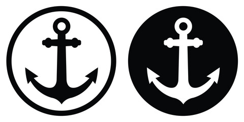 Marine anchor icon in circular badge. Nautical symbol for maritime industry, sailing, shipping, and coastal naval logistics design in minimalist black and white versions. © bibin