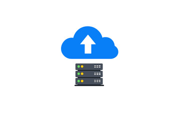 Fototapeta premium Cloud storage service with upload icon and server stack showing data transfer activity in a digital environment
