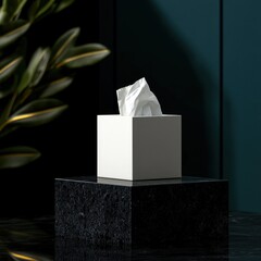 Modern white tissue box on a dark stone pedestal.
