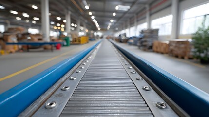 Obraz premium Industrial conveyor belt stretching into the distance within a manufacturing facility highlighting its metallic texture