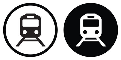 Front view train icon in circular badge. Public transportation symbol for metro, subway, and railway transit systems in urban city infrastructure design.