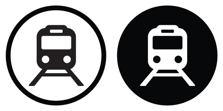 Front view train icon in circular badge. Public transportation symbol for metro, subway, and railway transit systems in urban city infrastructure design.
