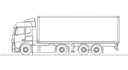 Side view illustration of a modern semi-trailer truck with a long cargo box, showcasing its wheels and chassis.