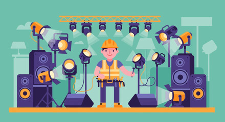 Construction worker on stage performing at a bright concert setup with stage lights and loudspeakers.