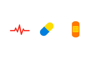Symbols of health and medicine showing a heartbeat line, a capsule, and a bandage, representing different aspects of healthcare and wellness