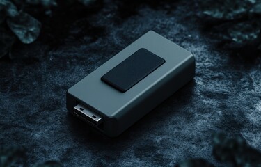 Gray rectangular portable data storage device rests on dark stone.