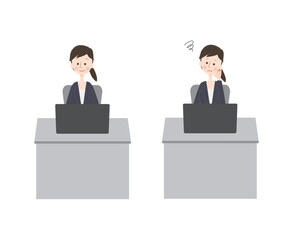 パソコンを使うスーツ姿の女性の表情セット