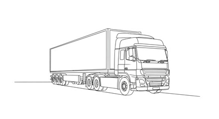 Line art illustration of a modern semi-trailer truck, showcasing its detailed structure and components.