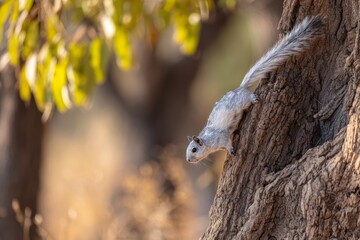 Obraz premium Squirrel Climbing Rough Bark Tree and Pausing Mid Ascent Amidst Natural Surroundings